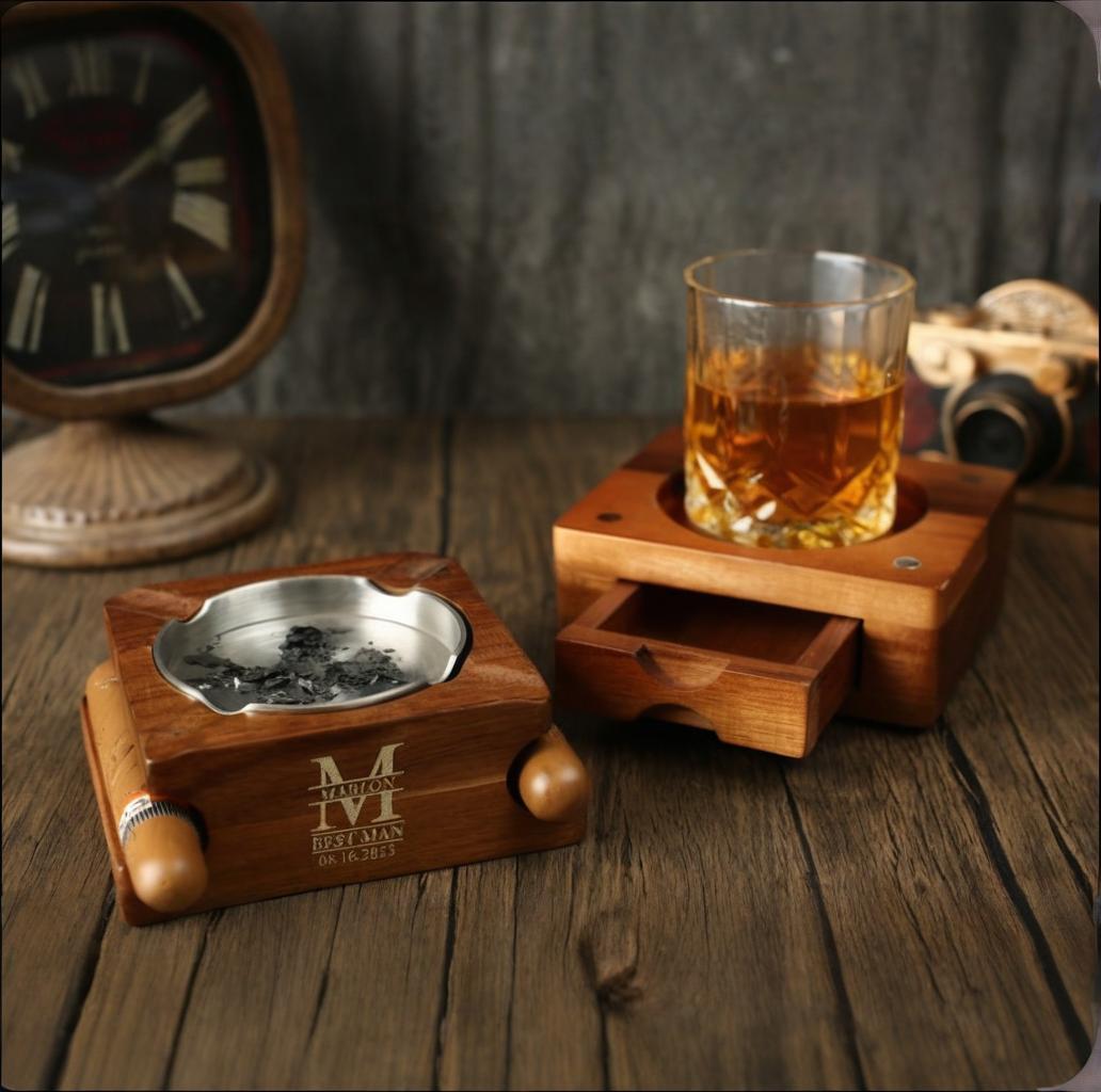 Personalized Whiskey & Cigar Tray Glass Holder Ashtray Whiskey