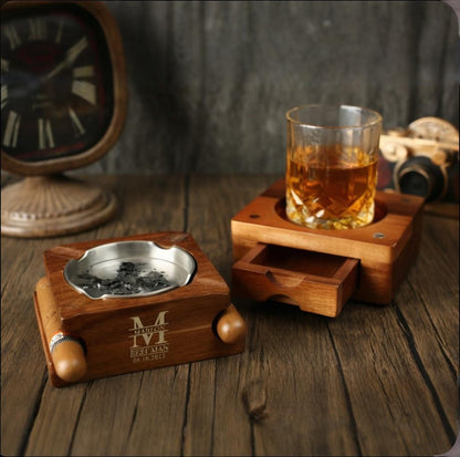 Personalized Whiskey & Cigar Tray Glass Holder Ashtray Whiskey