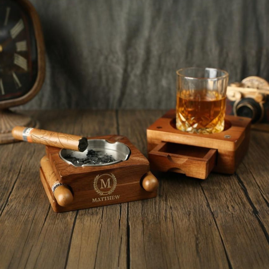 Personalized Whiskey & Cigar Tray Glass Holder Ashtray Whiskey